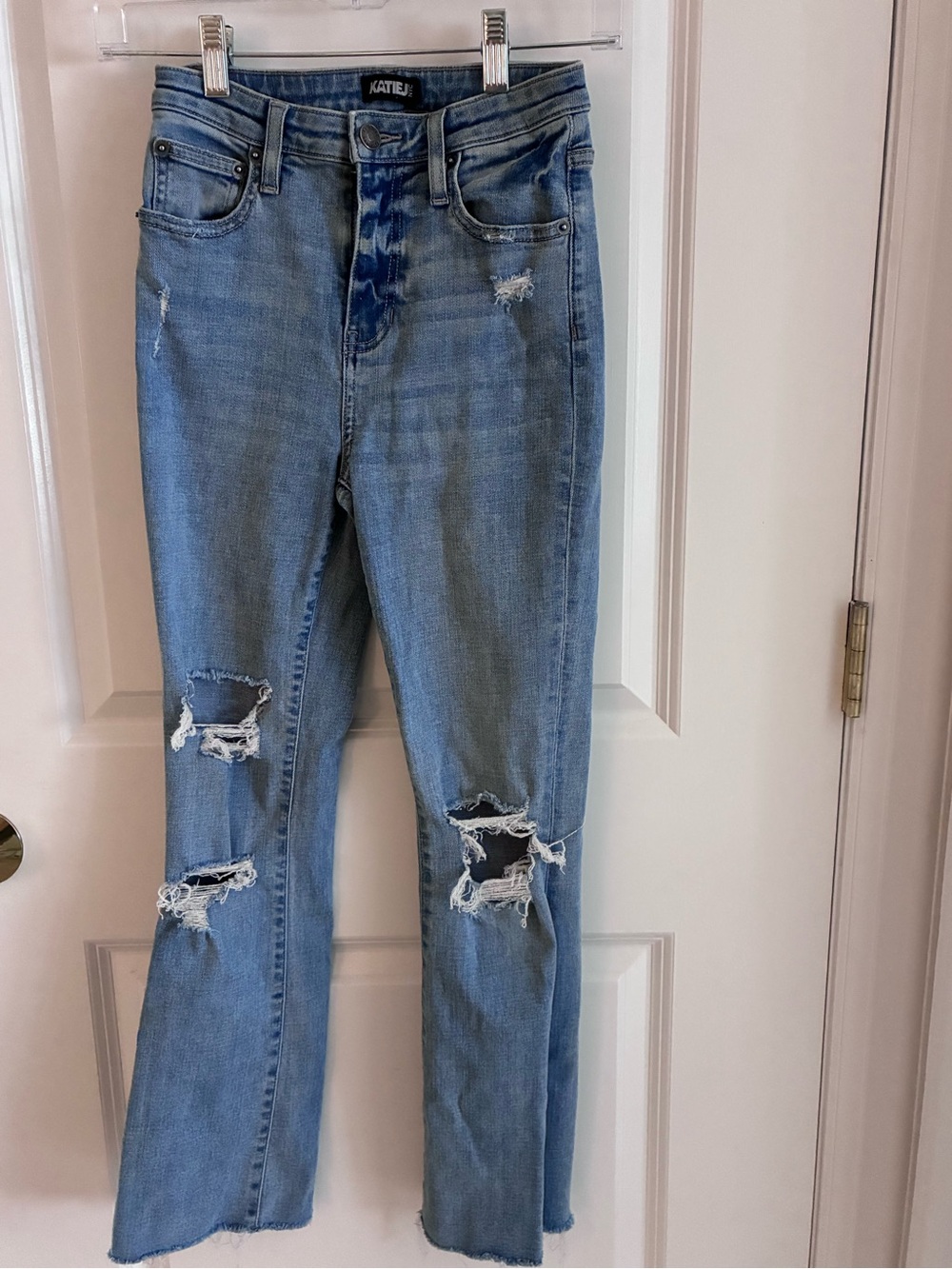 Katie J NYC Light Blue Distressed Flare Jeans with Raw Hems